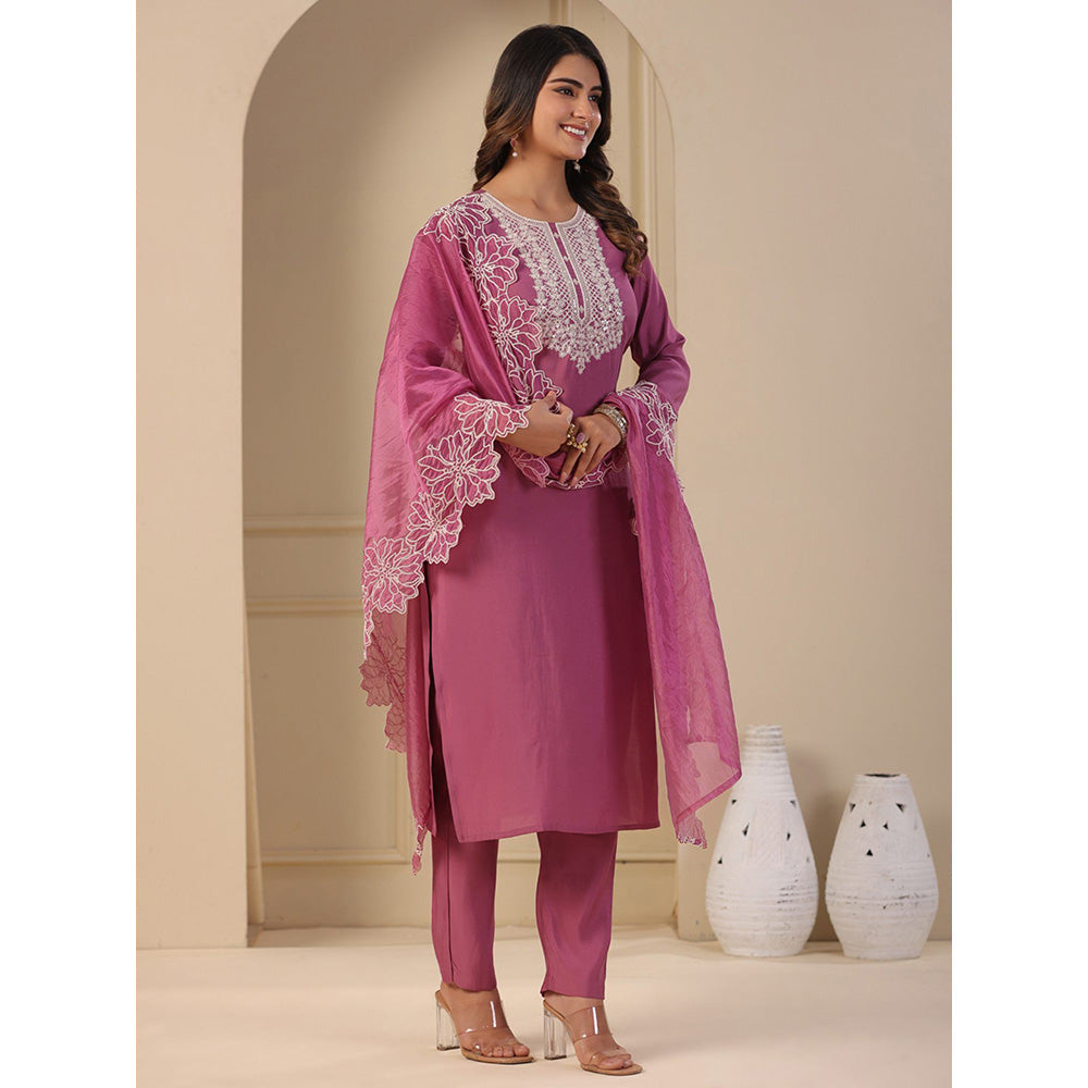 FASHOR Solid Embroidered Kurta with Pants & Dupatta - Onion Pink (Set of 3)