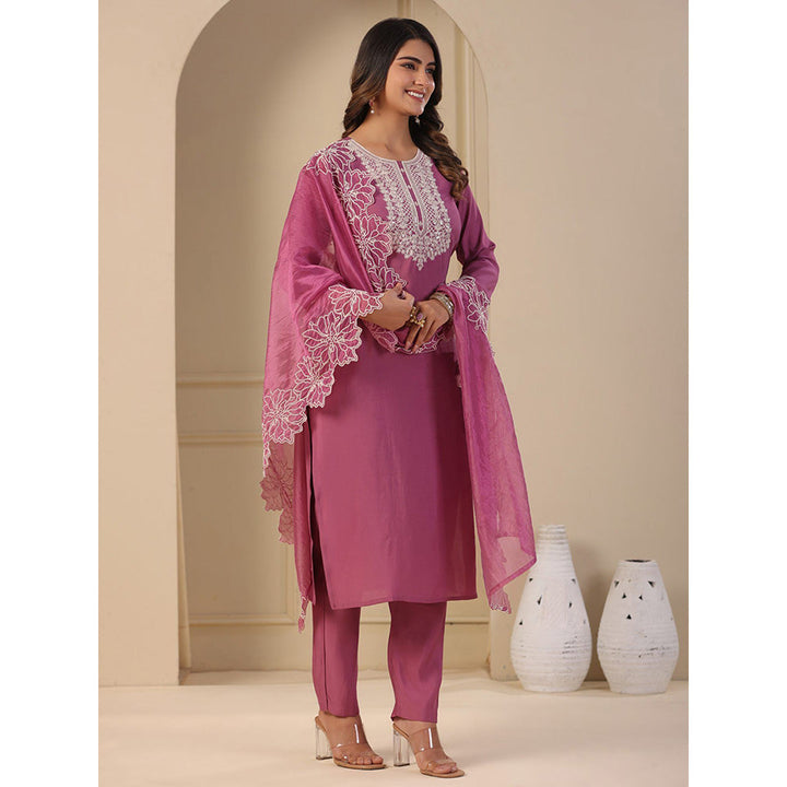 FASHOR Solid Embroidered Kurta with Pants & Dupatta - Onion Pink (Set of 3)