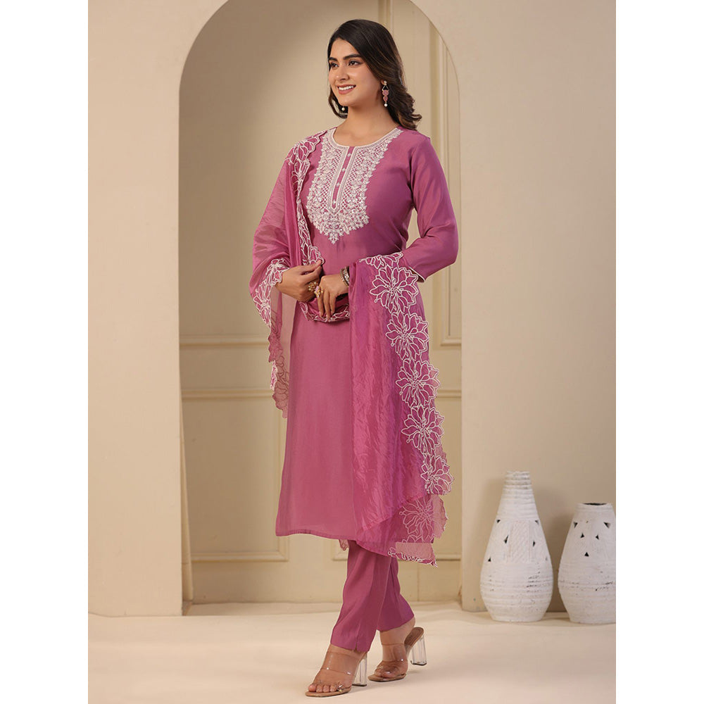 FASHOR Solid Embroidered Kurta with Pants & Dupatta - Onion Pink (Set of 3)