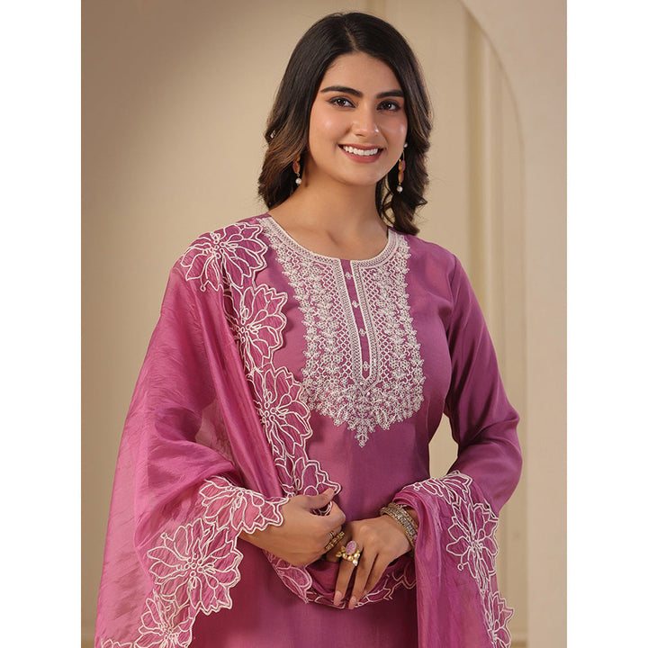 FASHOR Solid Embroidered Kurta with Pants & Dupatta - Onion Pink (Set of 3)