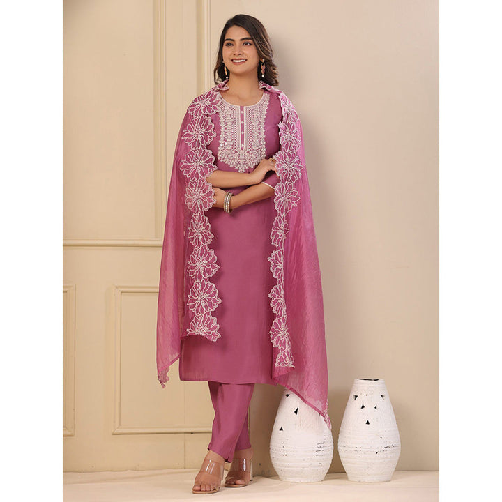 FASHOR Solid Embroidered Kurta with Pants & Dupatta - Onion Pink (Set of 3)
