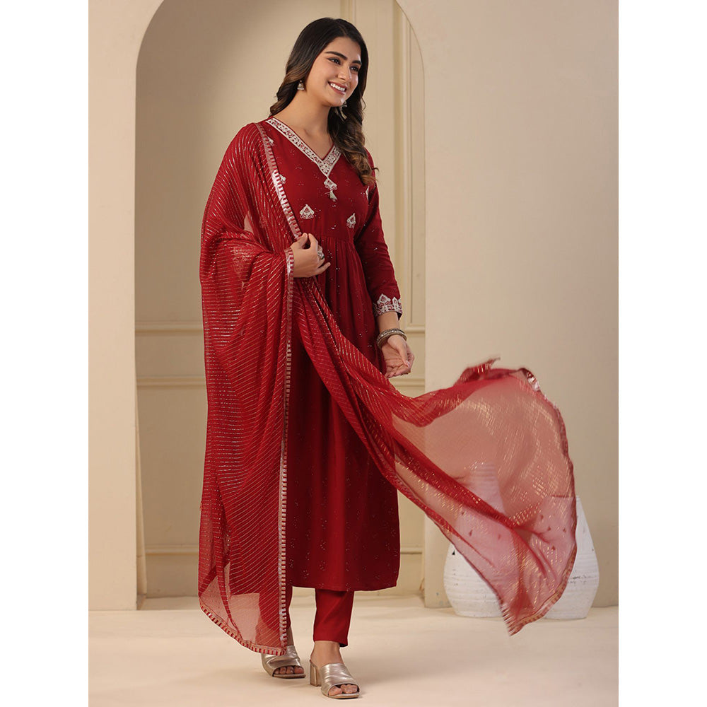 FASHOR Solid Embroidered Kurta with Pant & Dupatta - Maroon (Set of 3)