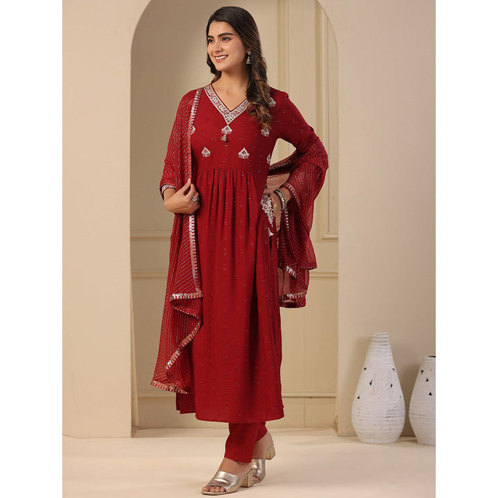 FASHOR Solid Embroidered Kurta with Pant & Dupatta - Maroon (Set of 3)