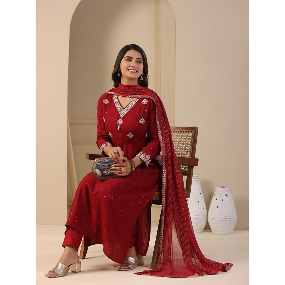 FASHOR Solid Embroidered Kurta with Pant & Dupatta - Maroon (Set of 3)