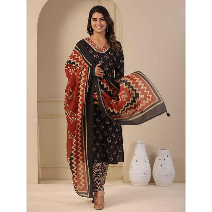 FASHOR Ethnic Printed Kurta with Pant & Dupatta - Black (Set of 3)