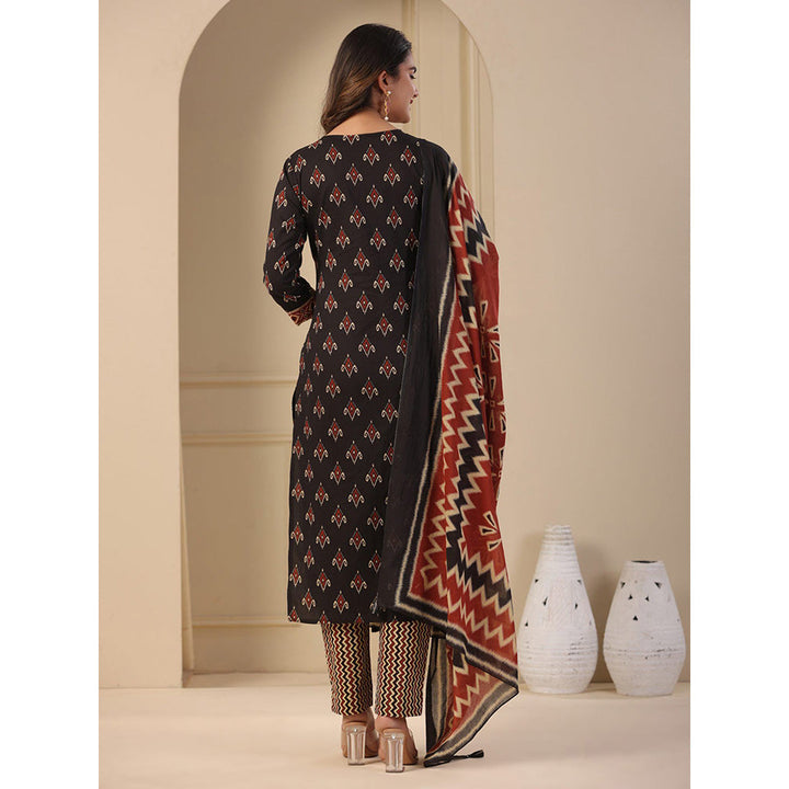 FASHOR Ethnic Printed Kurta with Pant & Dupatta - Black (Set of 3)