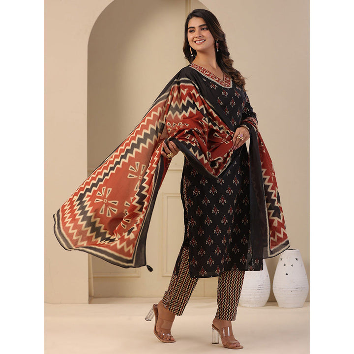 FASHOR Ethnic Printed Kurta with Pant & Dupatta - Black (Set of 3)