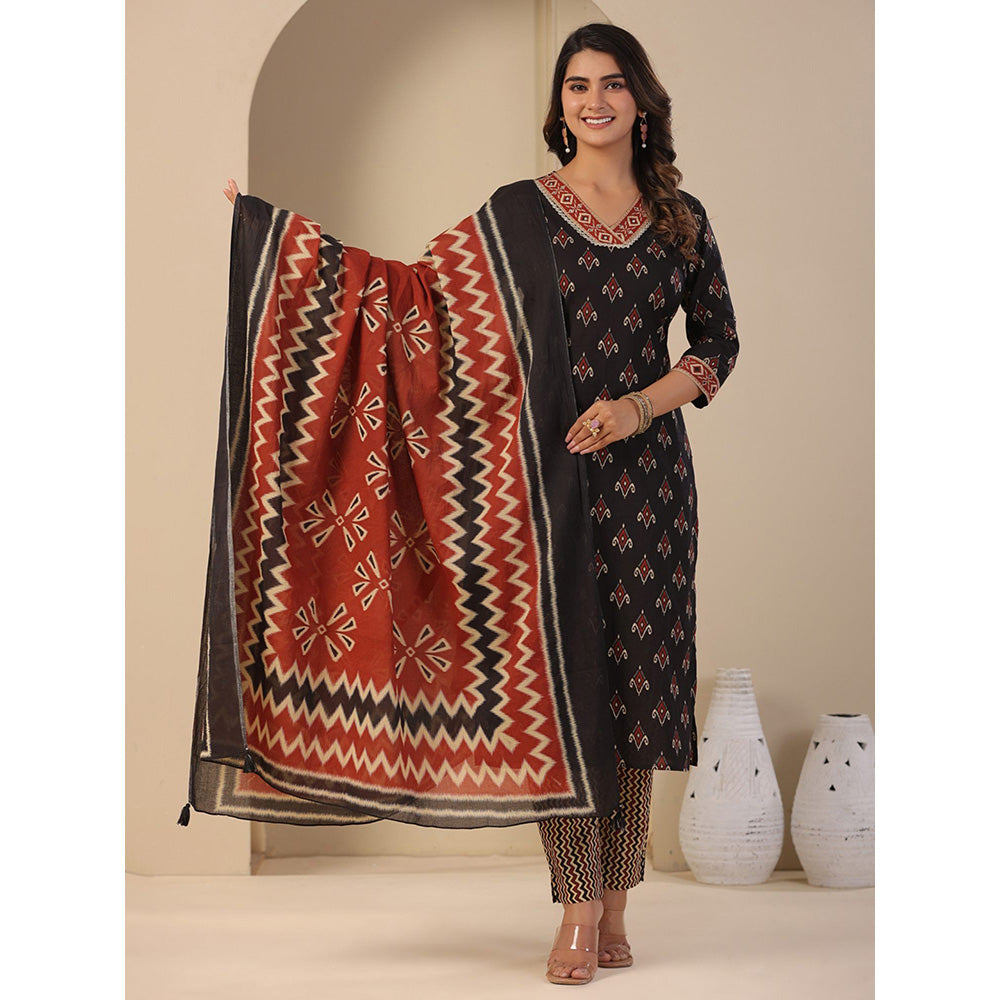 FASHOR Ethnic Printed Kurta with Pant & Dupatta - Black (Set of 3)