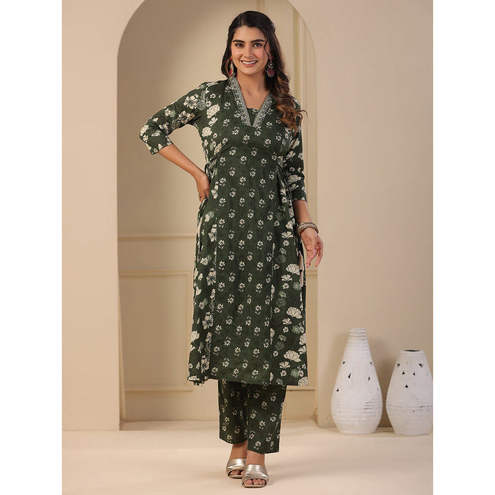 FASHOR Floral Printed Panelled Kurta with Pant - Green (Set of 2)