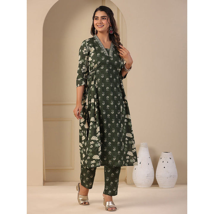 FASHOR Floral Printed Panelled Kurta with Pant - Green (Set of 2)