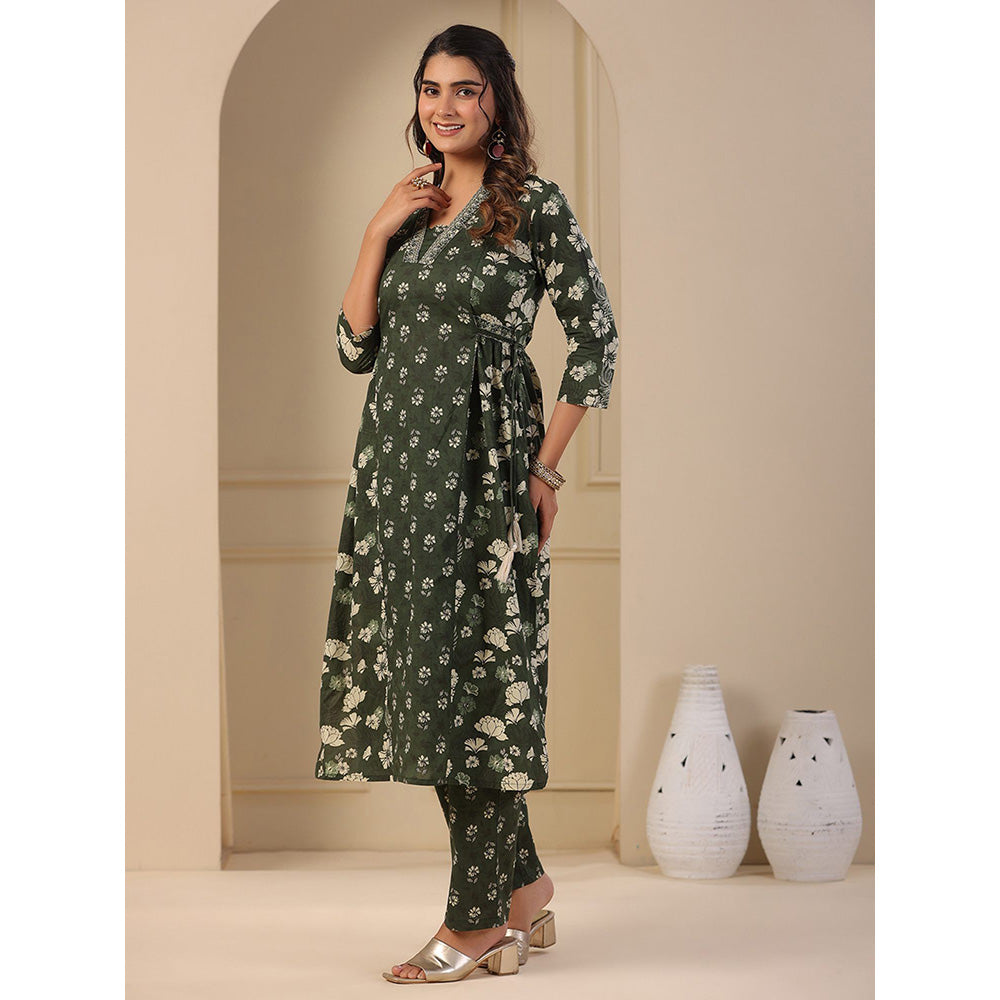 FASHOR Floral Printed Panelled Kurta with Pant - Green (Set of 2)