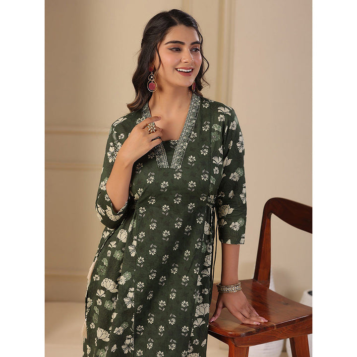 FASHOR Floral Printed Panelled Kurta with Pant - Green (Set of 2)