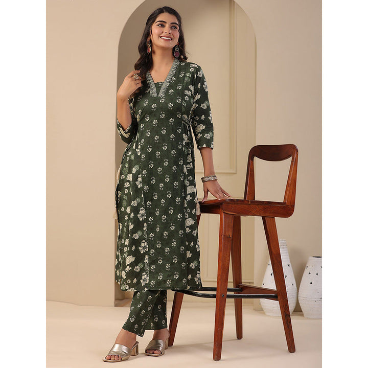 FASHOR Floral Printed Panelled Kurta with Pant - Green (Set of 2)