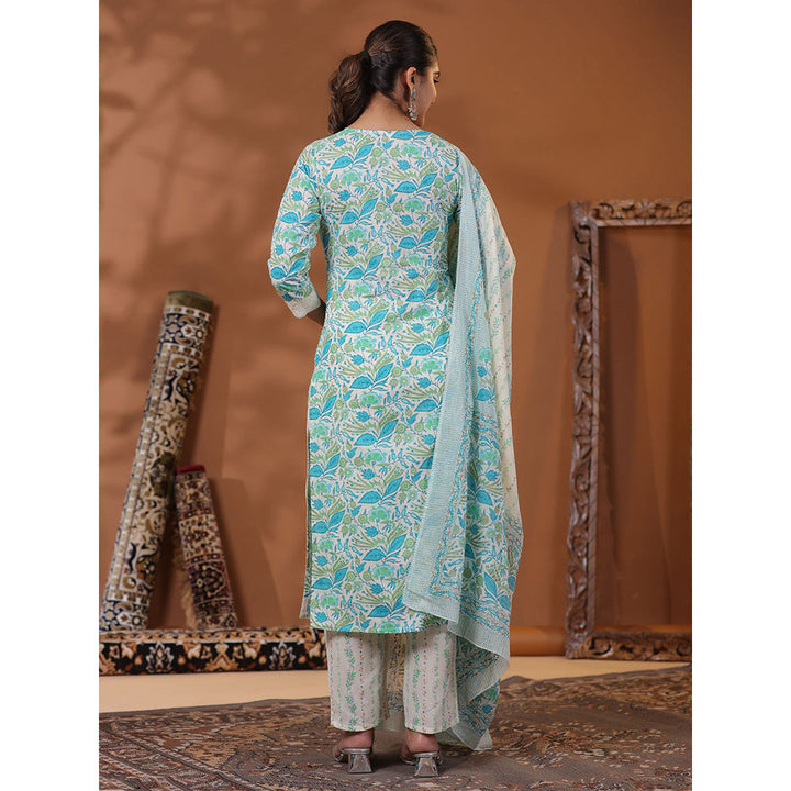 FASHOR Floral Printed Kurta with Pant & Dupatta - Blue & White (Set of 3)