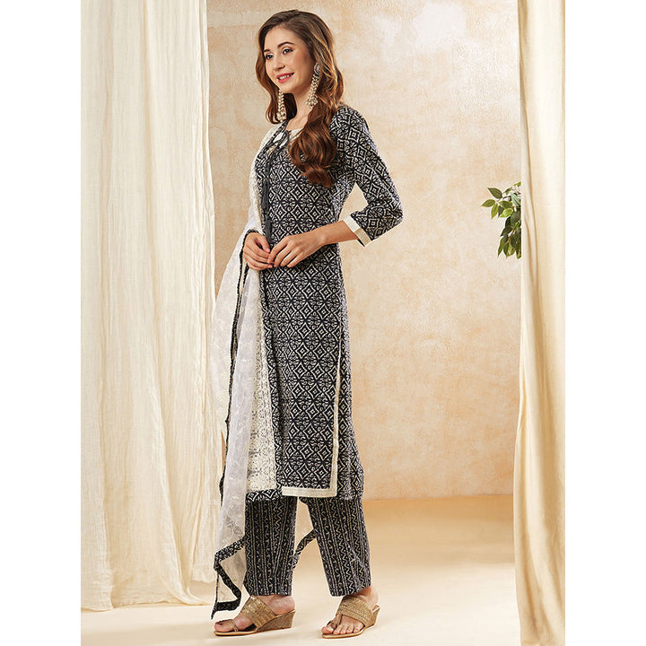 FASHOR Ethnic Printed Kurta with Pant & Dupatta - Black & White (Set of 3)