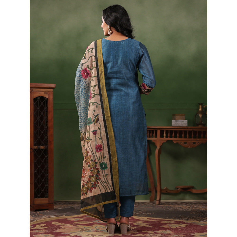 FASHOR Floral Printed Kurta with Pant & Dupatta - Blue (Set of 3)