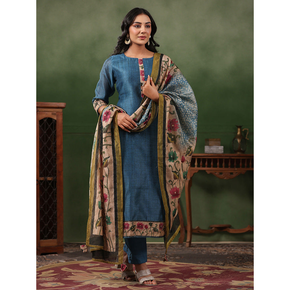 FASHOR Floral Printed Kurta with Pant & Dupatta - Blue (Set of 3)