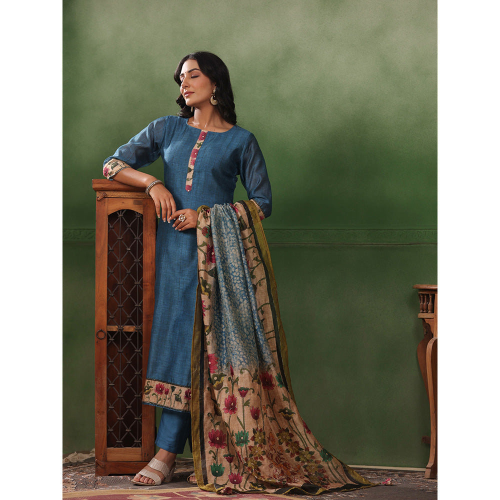 FASHOR Floral Printed Kurta with Pant & Dupatta - Blue (Set of 3)