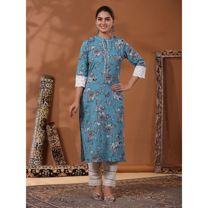 FASHOR Floral Printed Kurta with Pant - Blue (Set of 2)