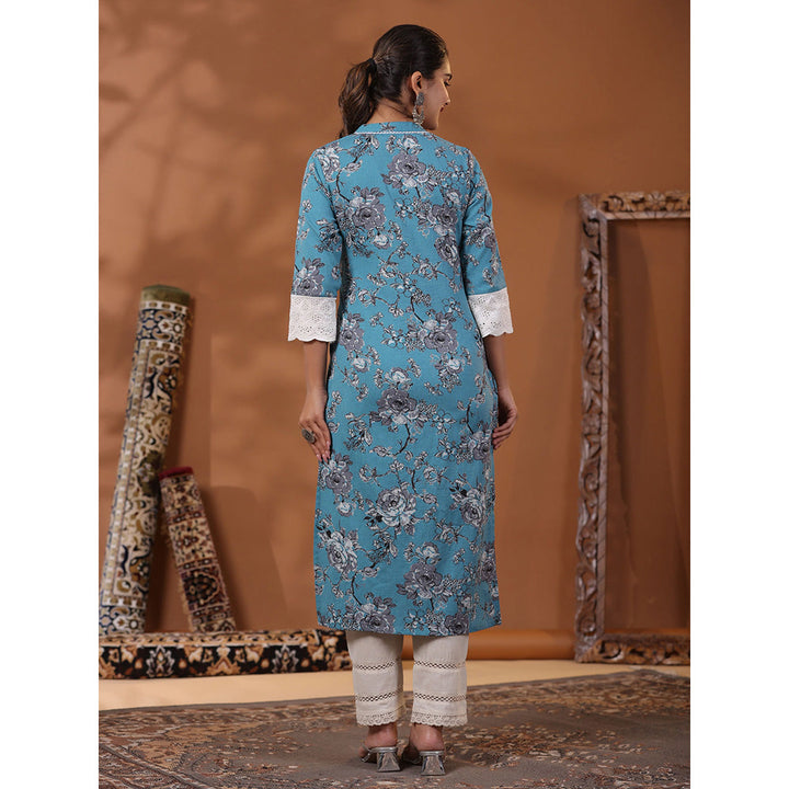 FASHOR Floral Printed Kurta with Pant - Blue (Set of 2)