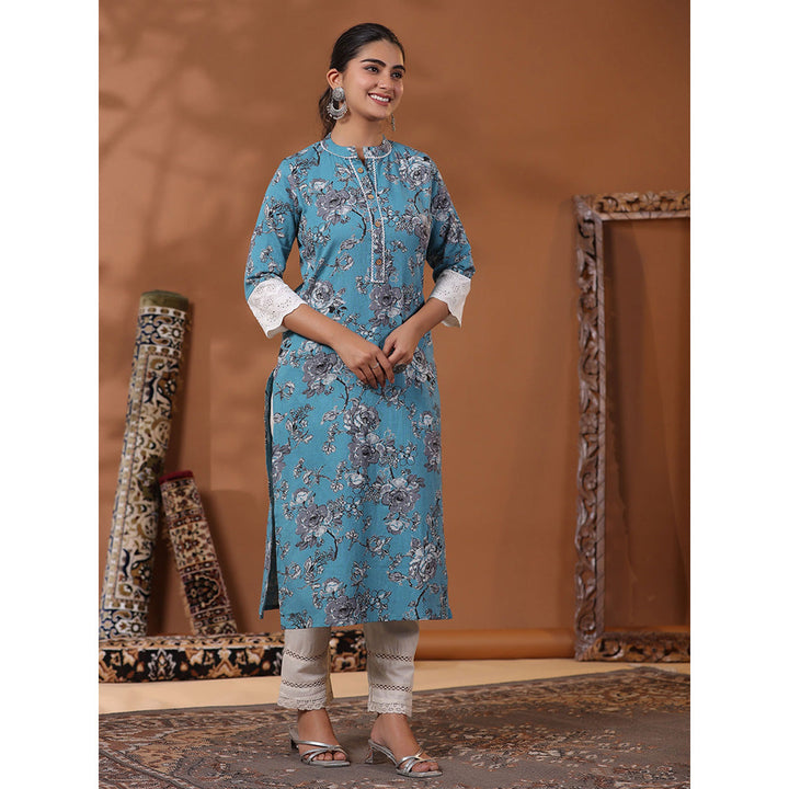 FASHOR Floral Printed Kurta with Pant - Blue (Set of 2)