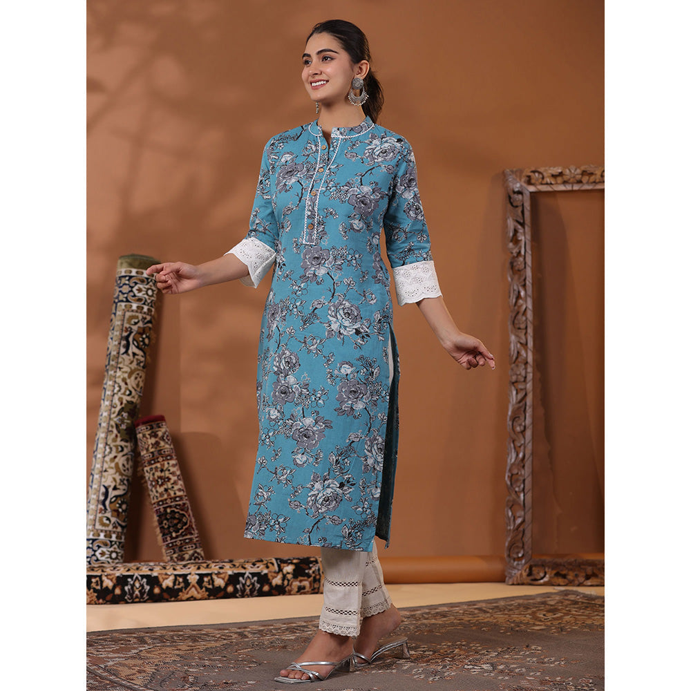 FASHOR Floral Printed Kurta with Pant - Blue (Set of 2)