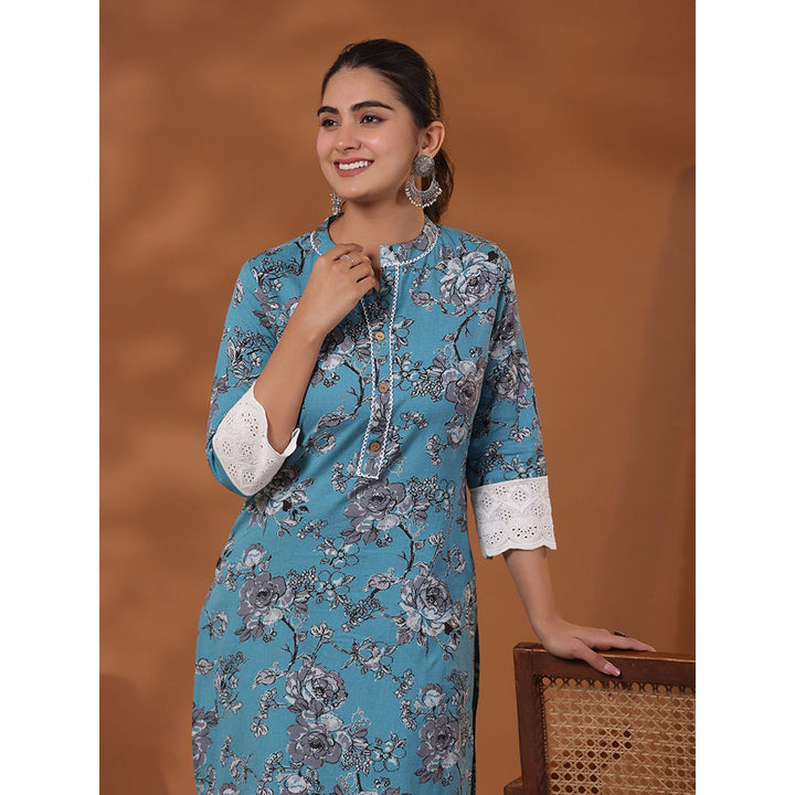 FASHOR Floral Printed Kurta with Pant - Blue (Set of 2)