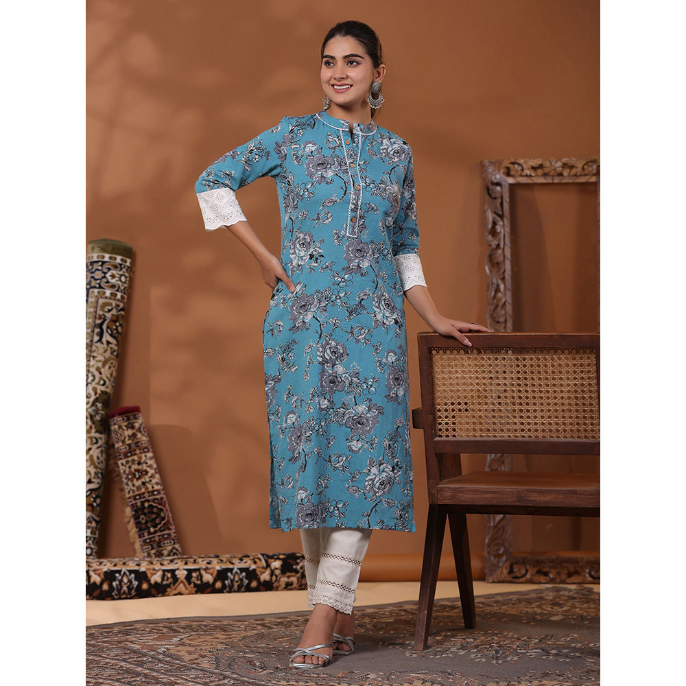 FASHOR Floral Printed Kurta with Pant - Blue (Set of 2)