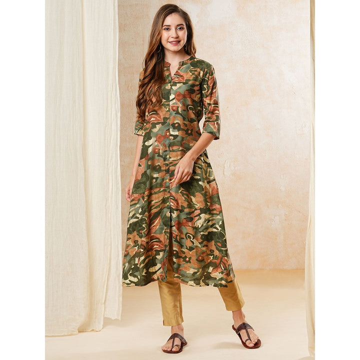 FASHOR Abstract Printed A-Line Kurta - Olive