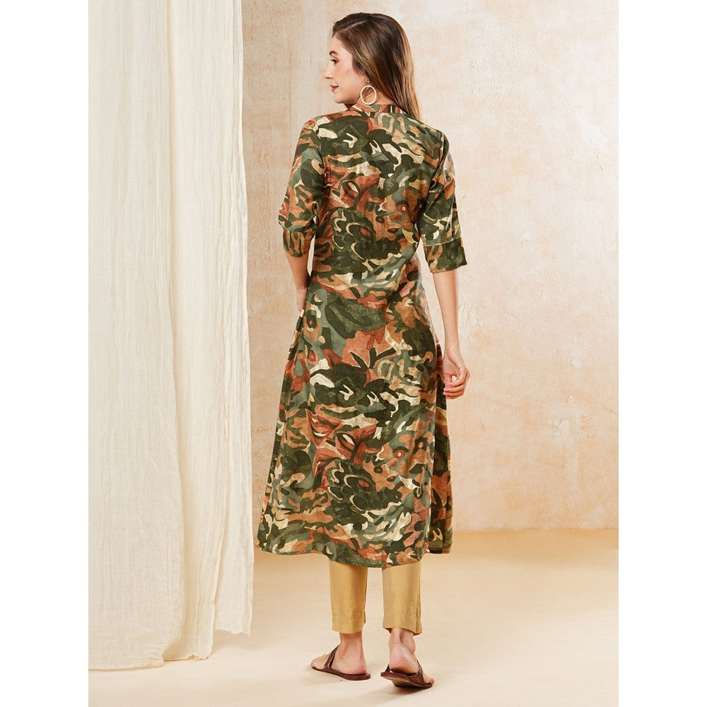 FASHOR Abstract Printed A-Line Kurta - Olive