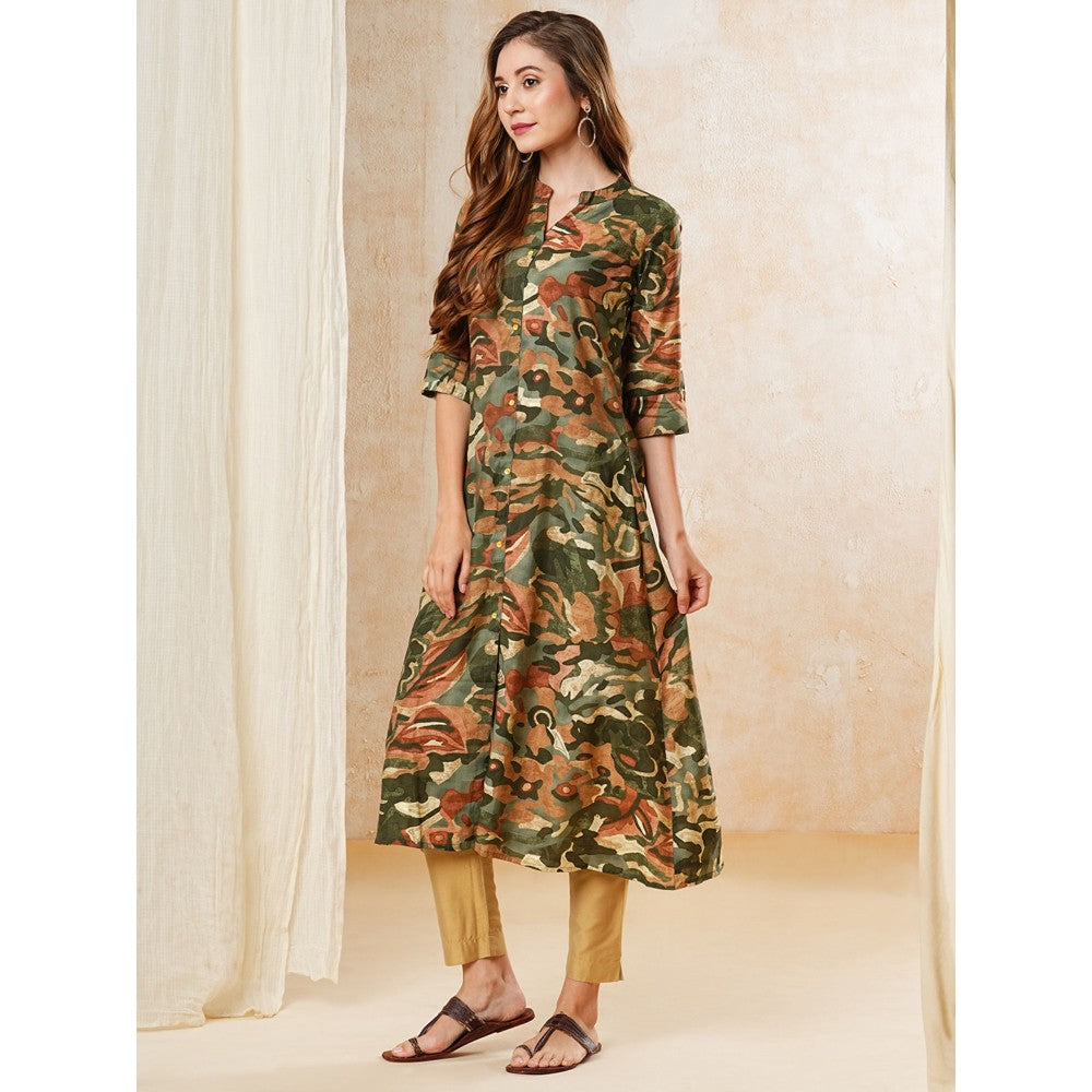 FASHOR Abstract Printed A-Line Kurta - Olive