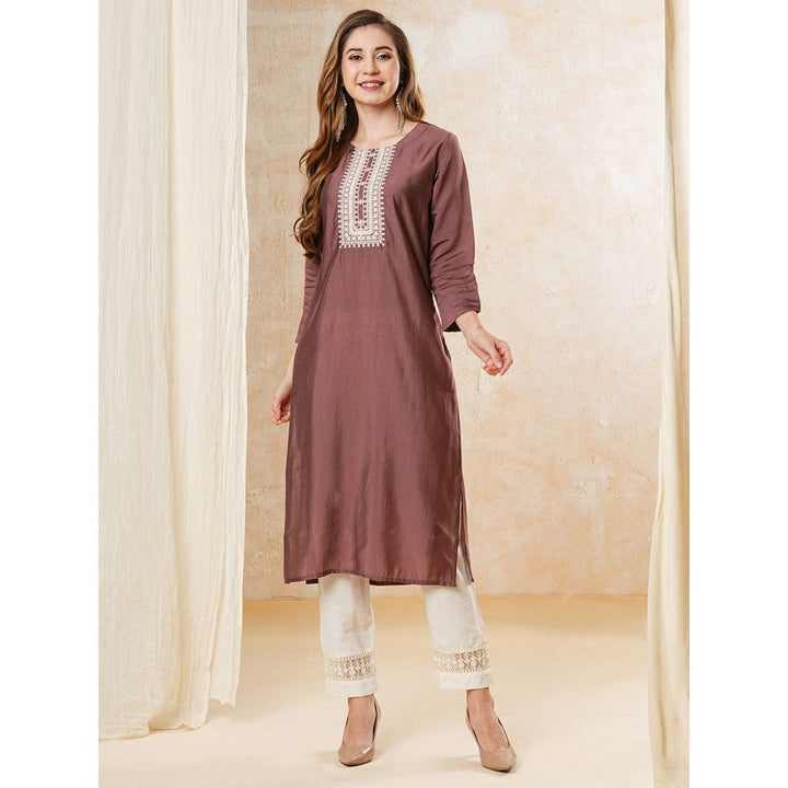 FASHOR Solid Resham & Zari Embroidered Kurta - Mauve