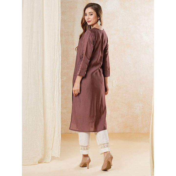 FASHOR Solid Resham & Zari Embroidered Kurta - Mauve