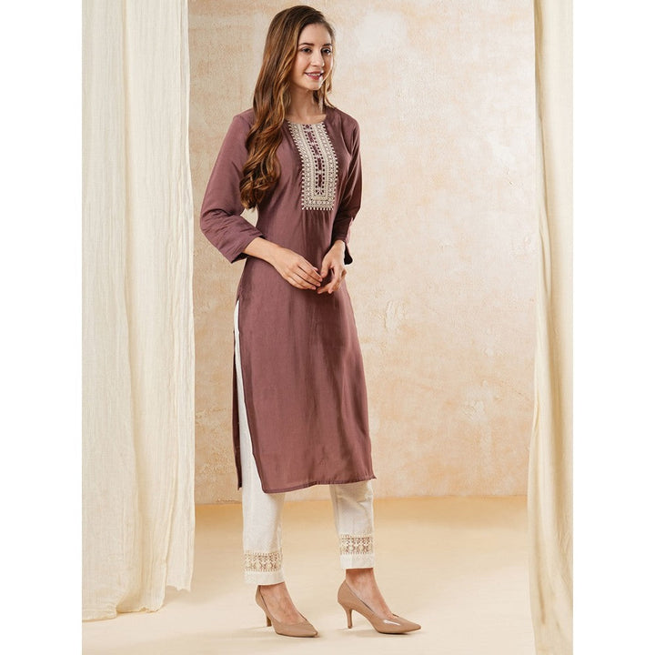 FASHOR Solid Resham & Zari Embroidered Kurta - Mauve