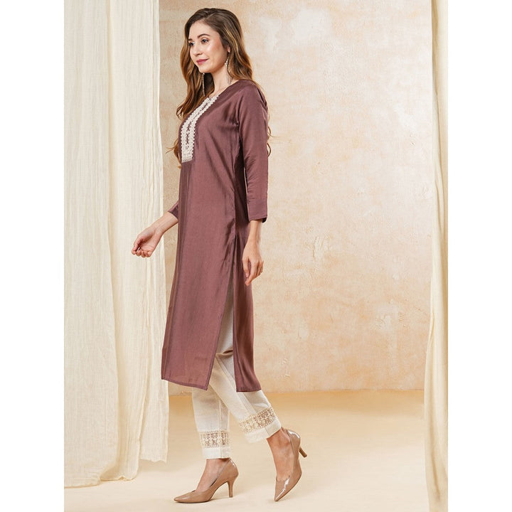 FASHOR Solid Resham & Zari Embroidered Kurta - Mauve