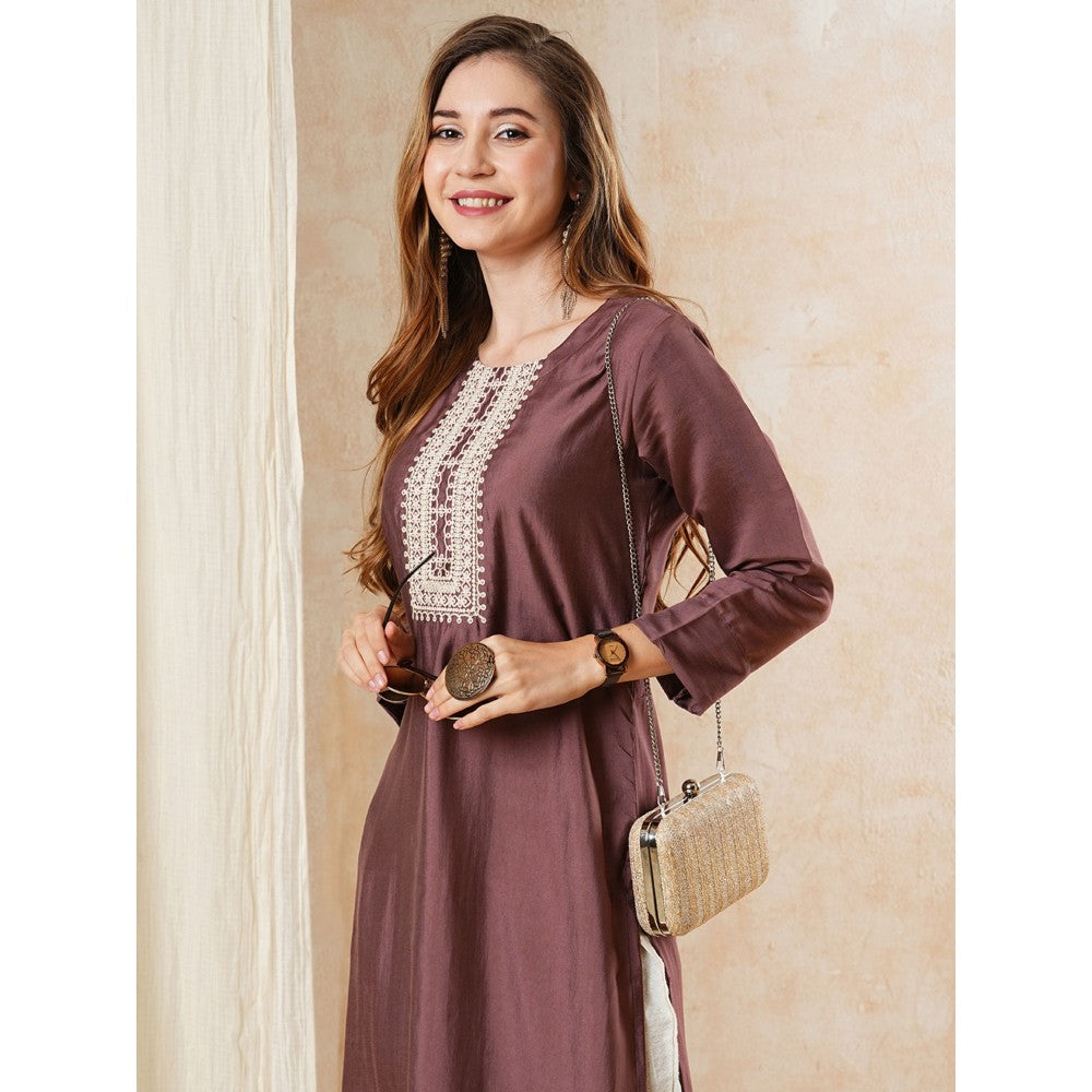 FASHOR Solid Resham & Zari Embroidered Kurta - Mauve