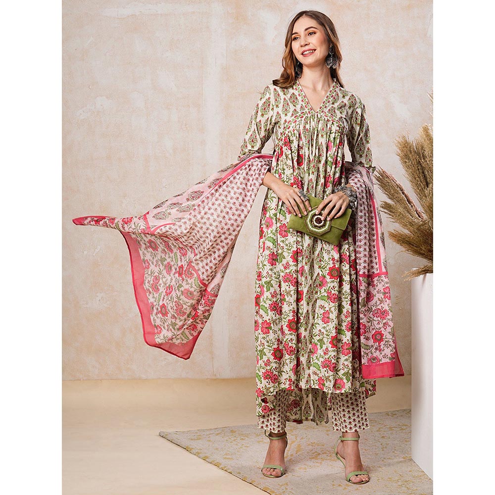 FASHOR Printed Kurta with Pants & Dupatta - Off White & Pink (Set of 3)