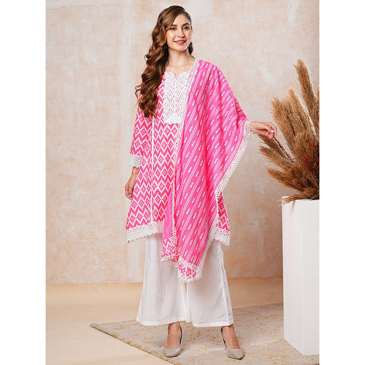 FASHOR Abstract Printed Kurta with Palazzo & Dupatta - Pink (Set of 3)