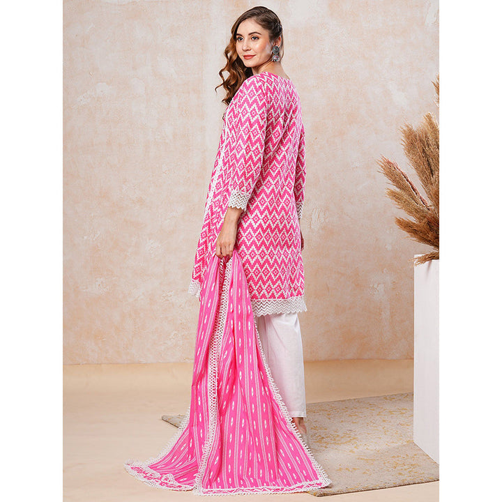 FASHOR Abstract Printed Kurta with Palazzo & Dupatta - Pink (Set of 3)