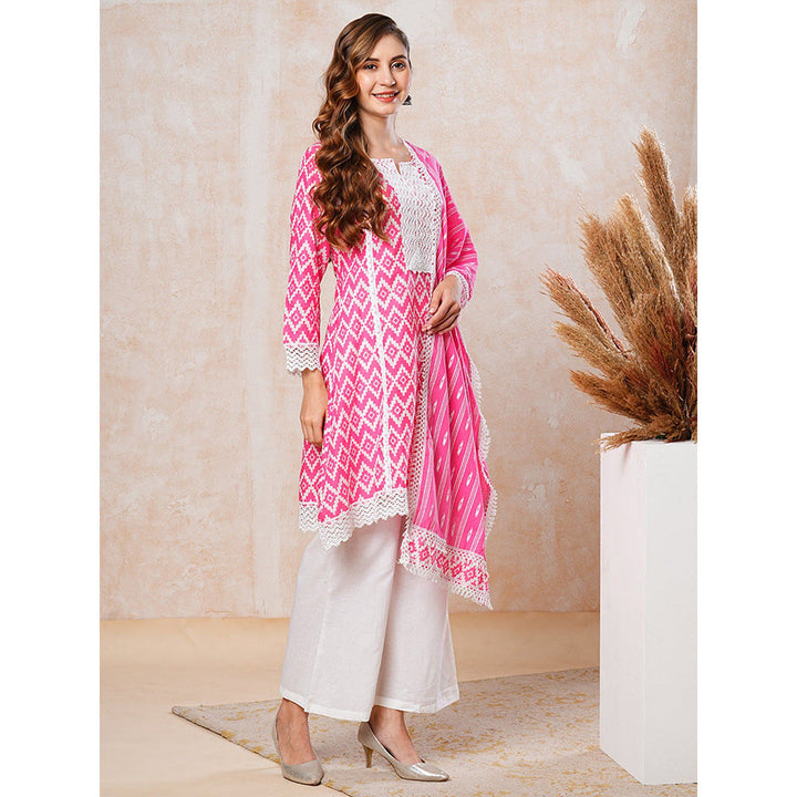 FASHOR Abstract Printed Kurta with Palazzo & Dupatta - Pink (Set of 3)