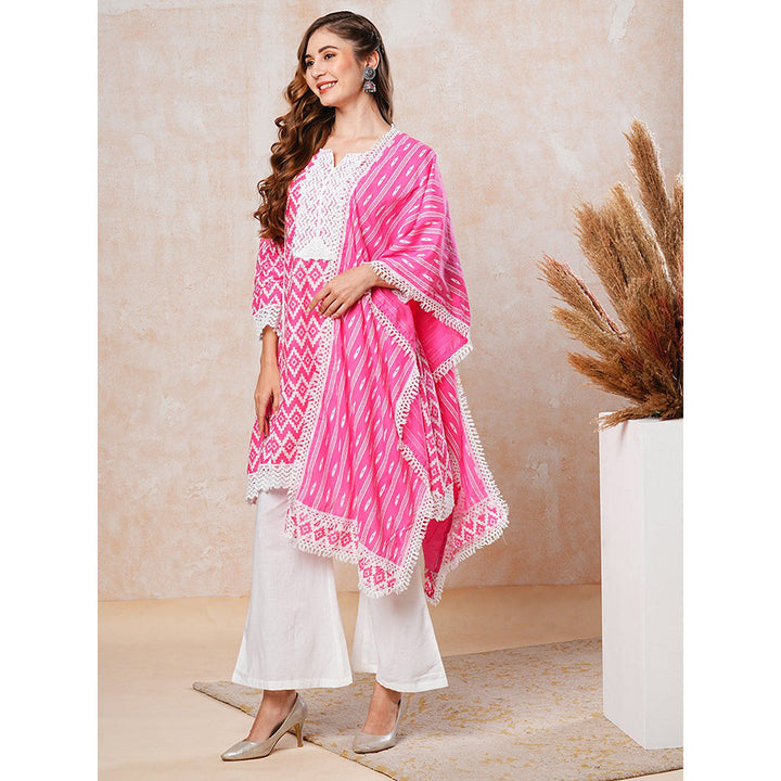 FASHOR Abstract Printed Kurta with Palazzo & Dupatta - Pink (Set of 3)