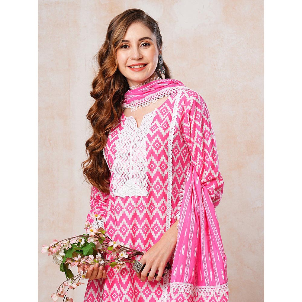 FASHOR Abstract Printed Kurta with Palazzo & Dupatta - Pink (Set of 3)