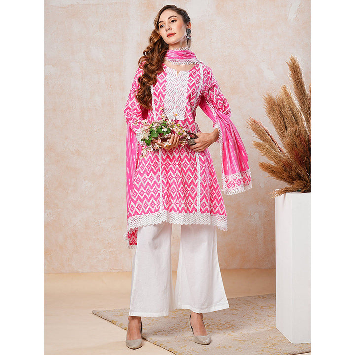 FASHOR Abstract Printed Kurta with Palazzo & Dupatta - Pink (Set of 3)