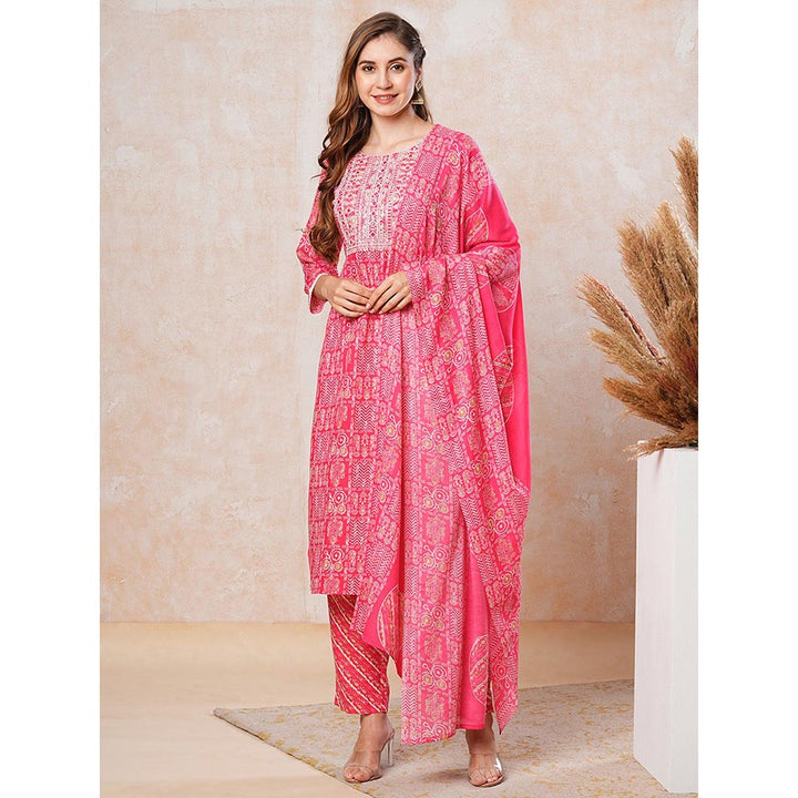 FASHOR Printed Kurta with Pants & Dupatta - Pink (Set of 3)