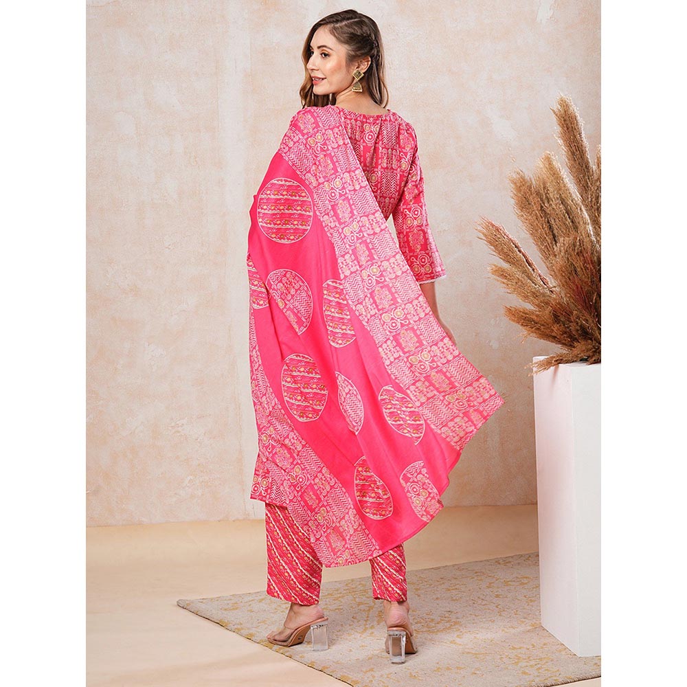 FASHOR Printed Kurta with Pants & Dupatta - Pink (Set of 3)