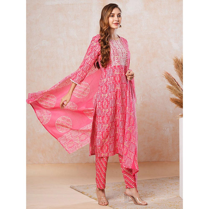 FASHOR Printed Kurta with Pants & Dupatta - Pink (Set of 3)