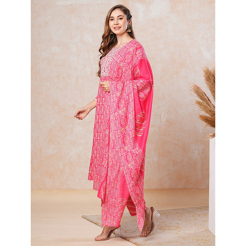 FASHOR Printed Kurta with Pants & Dupatta - Pink (Set of 3)