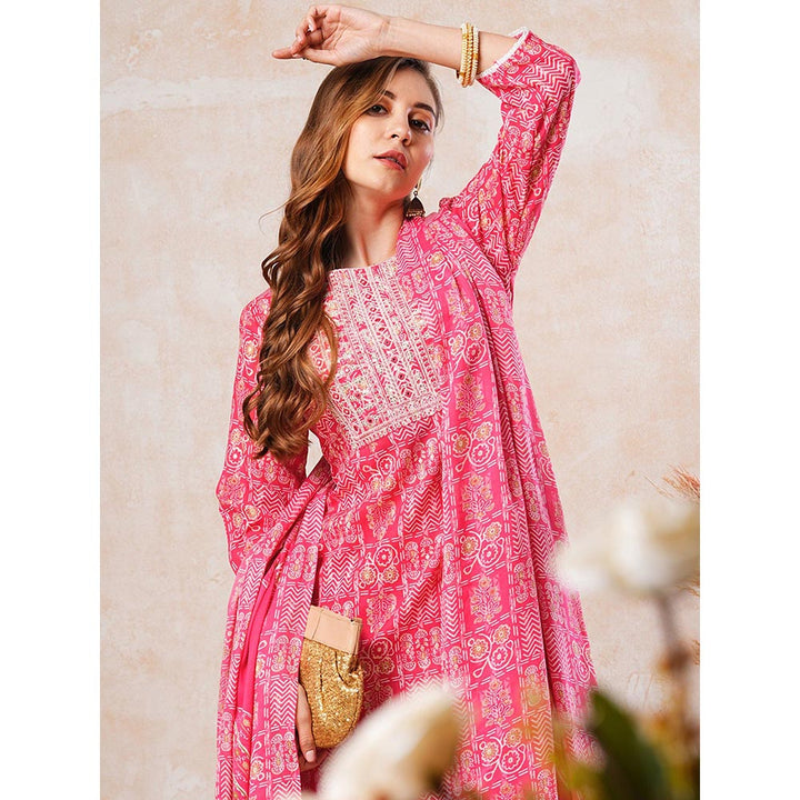 FASHOR Printed Kurta with Pants & Dupatta - Pink (Set of 3)