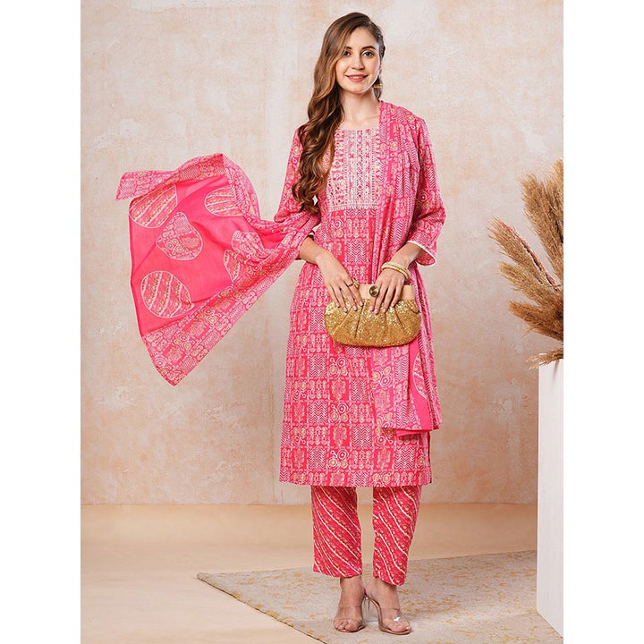 FASHOR Printed Kurta with Pants & Dupatta - Pink (Set of 3)