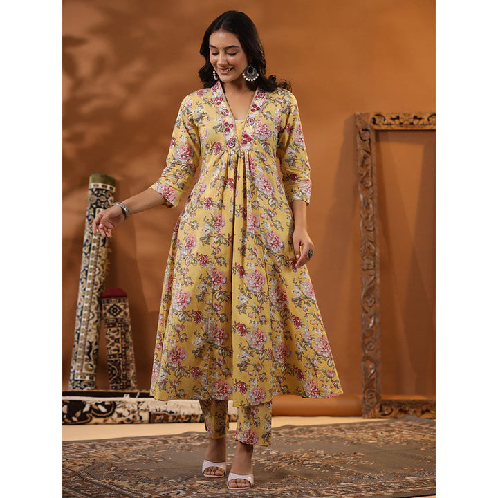 FASHOR Floral Printed Kurta with Pants - Yellow (Set of 2)